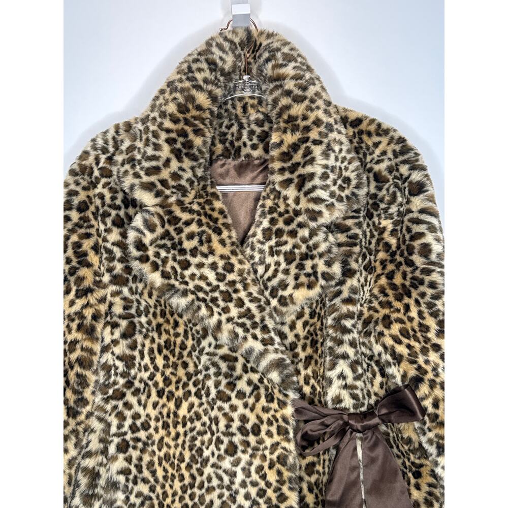 Vintage 2000s Leopard Faux Fur Wrap Coat Jacket With Side Ribbon Tie Large - Picture 14 of 16